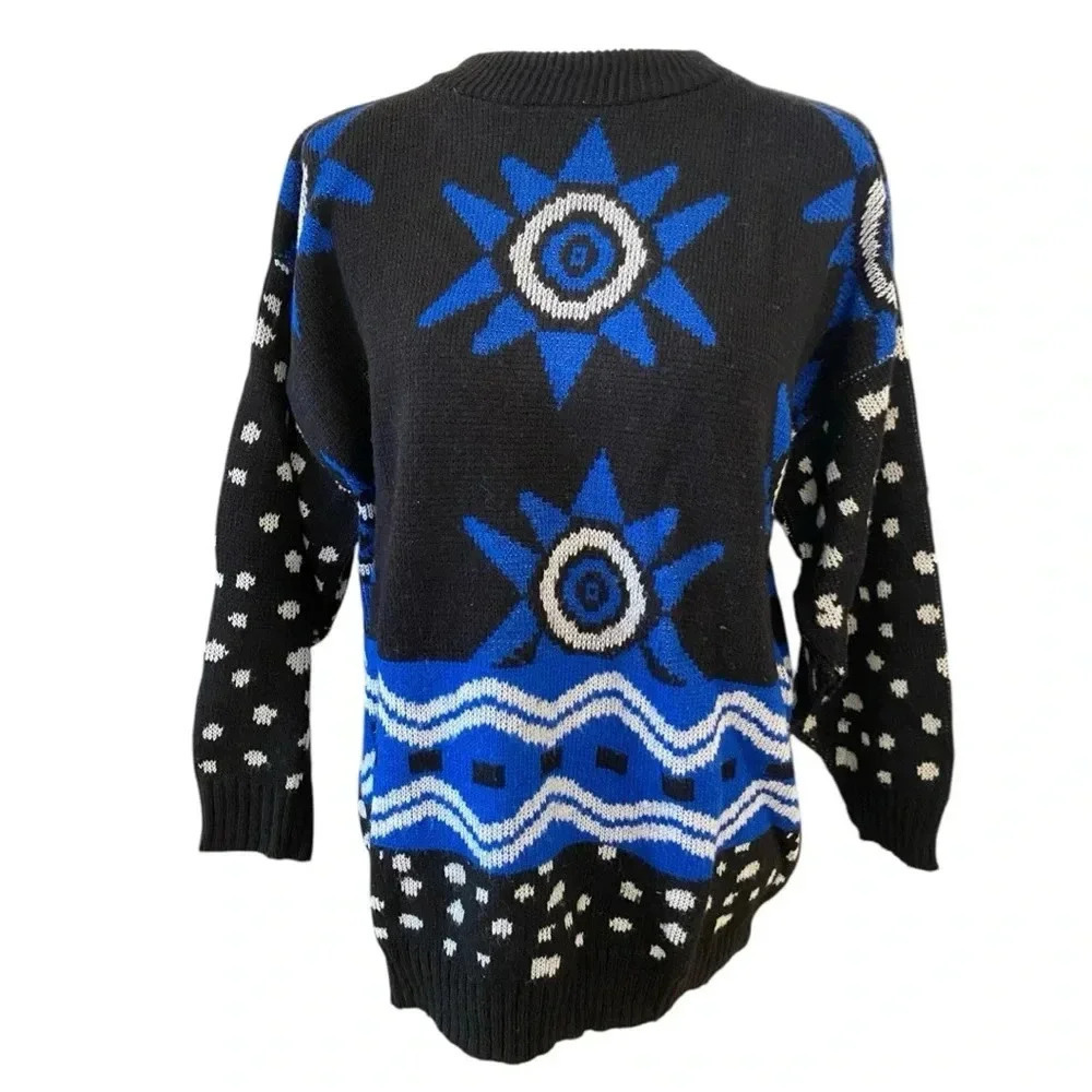 Vintage Womens Crewneck Longsleeve Long Sweater Size 8 Black Blue 1980s Acrylic